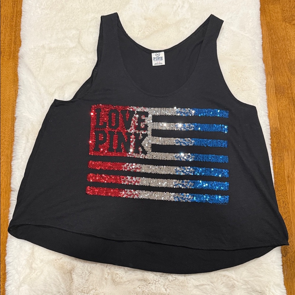 PINK Victoria's Secret Black Tank with Red, Silver & Blue Sequin Flag
